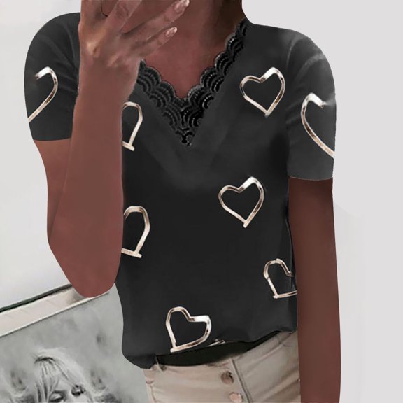 hoksml Tops Women Hearts Print V-neck Lace Patchwork Short Sleeve T-shirt Pullover Top Blouse Black XXXL