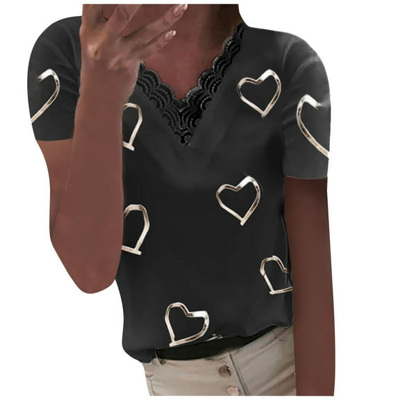 hoksml Tops Women Hearts Print V-neck Lace Patchwork Short Sleeve T-shirt Pullover Top Blouse Black XXXXL