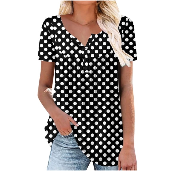 hoksml Tops Women's Summer Tunic Round Neck Printed T-Shirts Casual Short Sleeve Blouse Pleated Tops With Ruffle Hem Black XXXXXL
