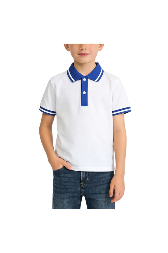 Two-Tone Collared Shirt for Big Kids, Boys' Button-Down Summer Uniform Top Casual School Style Pullover Tee