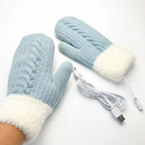 hoksml USB Electric Heated Gloves for Men and Women, Double Layer Plush Lined Cable Knit 3 Heat Settings Winter Rechargeable Warm Gloves