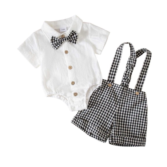 hoksml Unisex Baby Bodysuit and Suspender Shorts Set, Plaid Bow Tie Outfit, Infant Formal Summer Wear