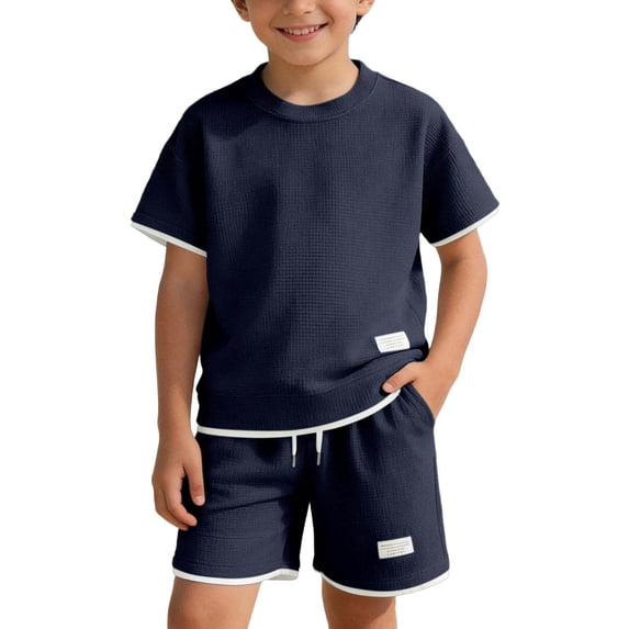 hoksml Unisex Kids' Waffle Knit Tee and Shorts Set, Short Sleeve Crew Neck Top with Contrast Trim and Drawstring Shorts, Boys' Casual Summer Outfit