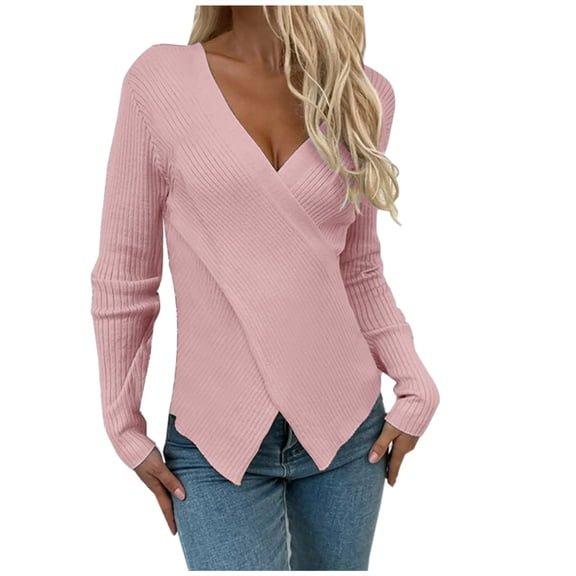 hoksml Upgrade Your Style with this Knitted Sweater: Stay Fashionable and Warm!Fashion Women Winter Solid Long Sleeve Pullove V-Neck Casual Sweater Tops on Clearance