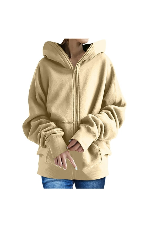 hoksml Winter Coats For Women Solid Color Hoodie Zipper Long Sleeve Sweatshirts Long Coat Tops With Pockets