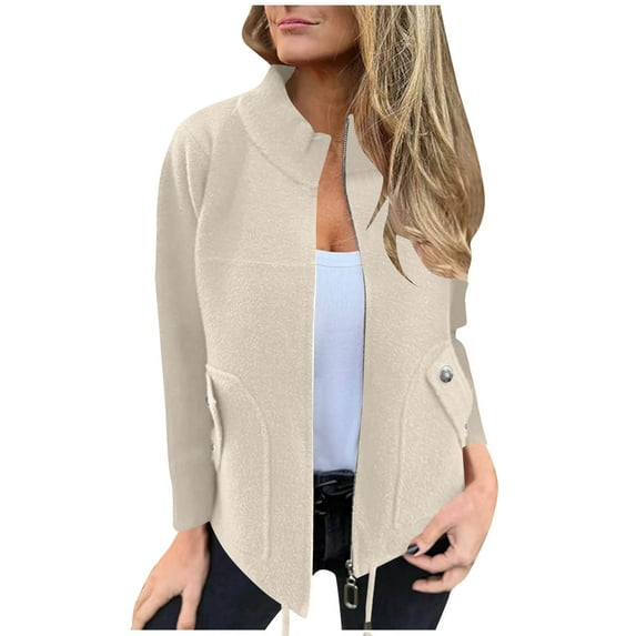 hoksml Winter Coats for Women Short Stand Collar Wool Blend Jacket Zipper Drawstring Hem Solid Color Long Sleeve Casual Outwear with Pockets