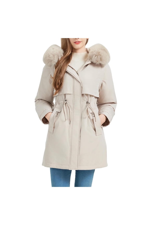 Winter Coats for Women Solid Color Parka Detachable Sleeves Faux Fur Hood Thickened Quilted Long Coat with Drawstring Waist and Pockets