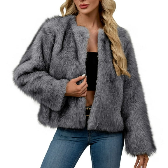 hoksml Winter Coats for Womens Cropped Faux Furry Cardigan Ladies Long Sleeve Warm Jacket Solid Round Neck Outerwear