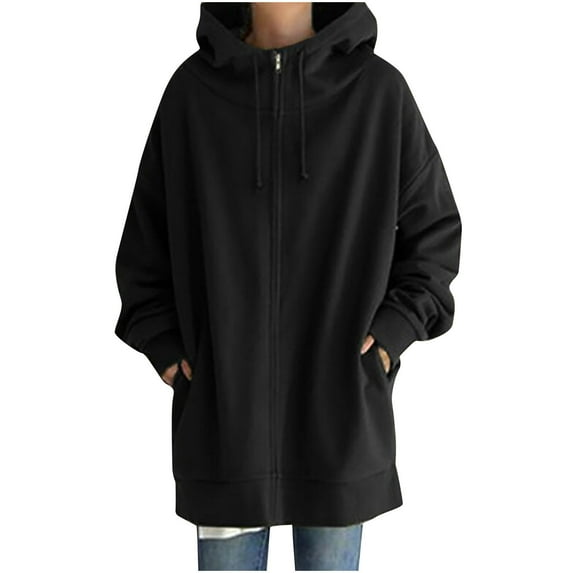 hoksml Winter For Women Solid Color Hoodie Zipper Long Sleeve Sweatshirts Pockets Long Coat Tops