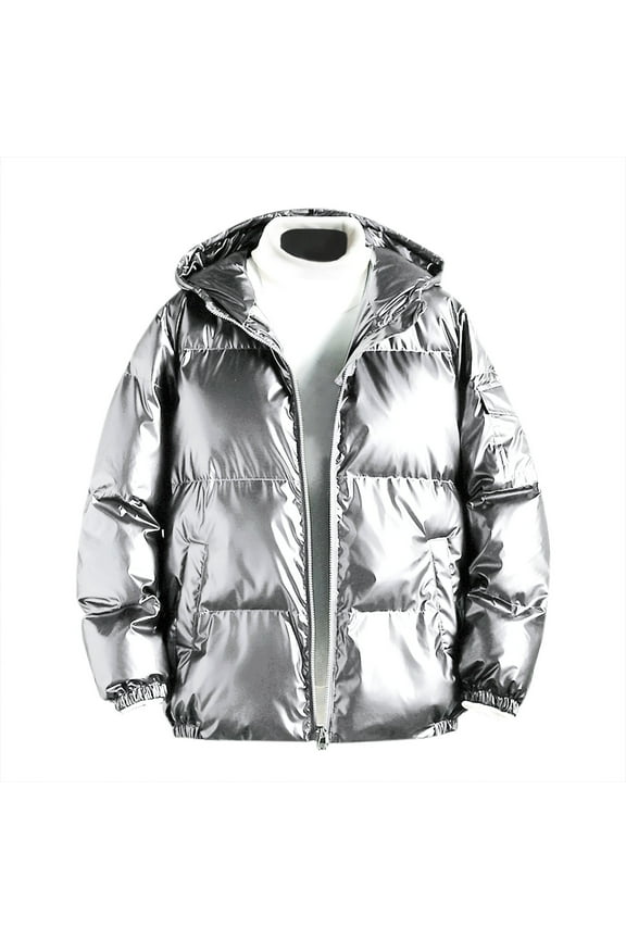 Winter Jackets For Men Shiny Hooded Reflective Down Jacket Cotton Jacket on Clearance