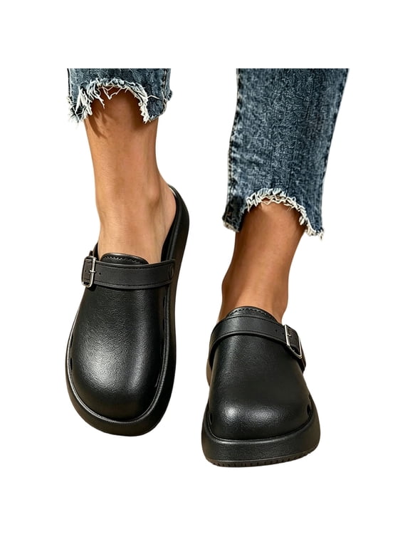 Women Adjustable Buckle Perforated Platform Clog Mules Round Toe Slip On Casual Shose