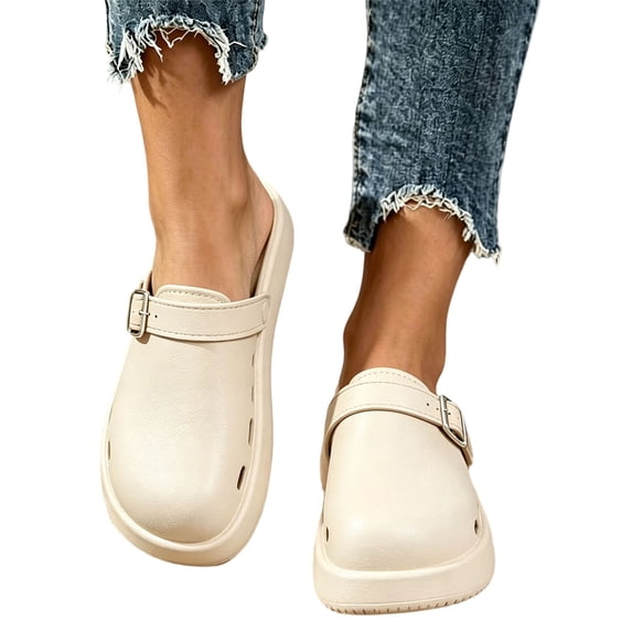 hoksml Women Adjustable Buckle Perforated Platform Clog Mules Round Toe Slip On Casual Shose
