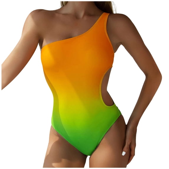 hoksml Women Bathing Suit One-Piece One Shoulder Fade Swimsuit Backless Padded Plus Size Overlay Print Bikini Swimsuit Clearance