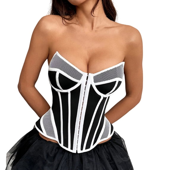 hoksml Women Black White Striped Strapless Corset Top Mesh Panel Fishbone Bustier Slimming Tube for Halloween Costume