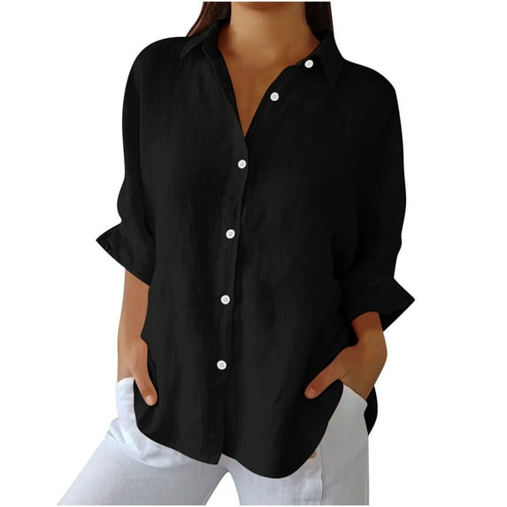 hoksml Women Button Down Shirts Solid Color Work Blouses Collared Tops Casual Linen Wrinkles Tie Back Fashion Shirt Summer Medium Long Sleeve Shirts