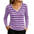 thumbnail image 1 of hoksml Women Contrast Trim V Neck Long Sleeve Striped T-Shirt Slim Stretch Casual Top for Office Daily All Season, 1 of 5