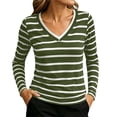 thumbnail image 1 of hoksml Women Contrast Trim V Neck Long Sleeve Striped T-Shirt Slim Stretch Casual Top for Office Daily All Season, 1 of 5