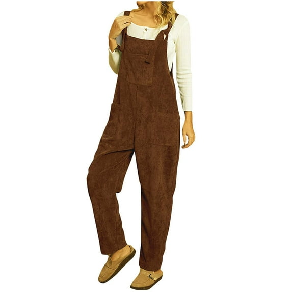 hoksml Women Corduroy Overalls, Casual Loose Sleeveless Strap 2025 Spring And Summer Solid Color Multi-pocket Bib Jumpsuit Trousers