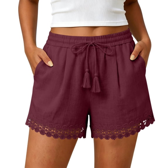 hoksml Women Cotton Linen Lace Hem Shorts with Tassel Drawstring, Elastic Waist Pull-On Casual Summer Shorts with Pockets