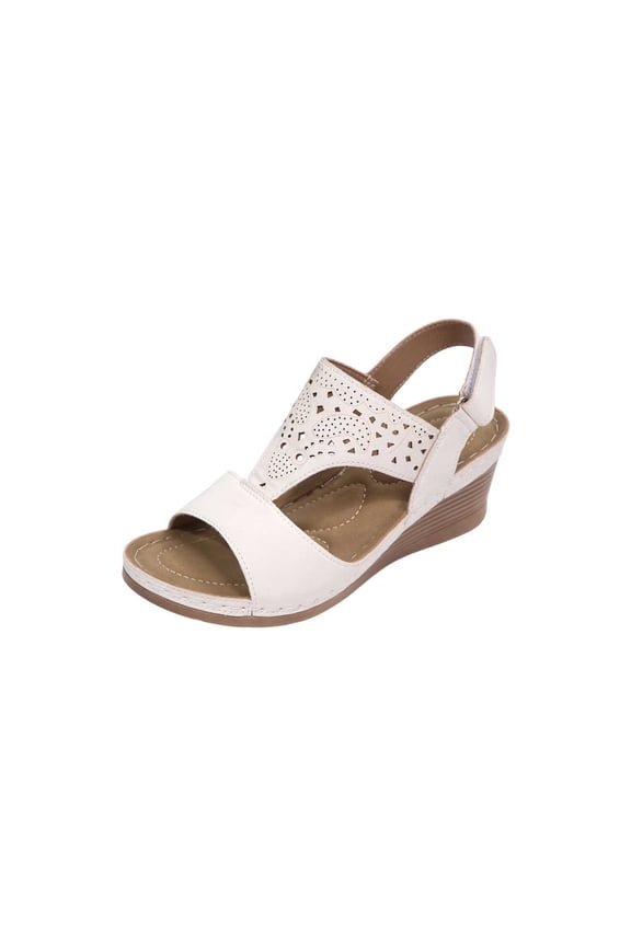 Women Cutout T-Strap Hook and Loop Ankle Wedge Sandals Open Toe PU Summer Casual Beach