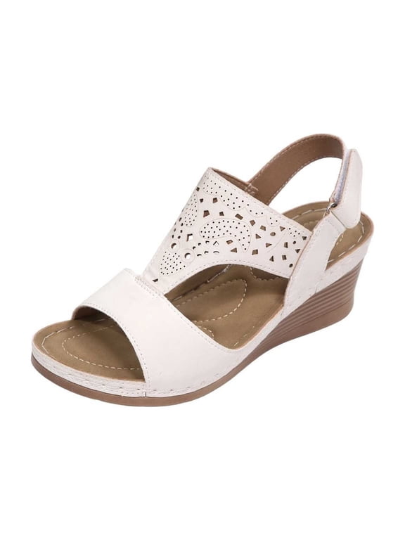 Women Cutout T-Strap Hook and Loop Ankle Wedge Sandals Open Toe PU Summer Casual Beach