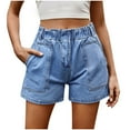 thumbnail image 1 of hoksml Women Denim Shorts Elastic Waist Pocket Loose Comfortable Splicing Type Fashion Jean Shorts 2025 Summer Clearance, 1 of 8
