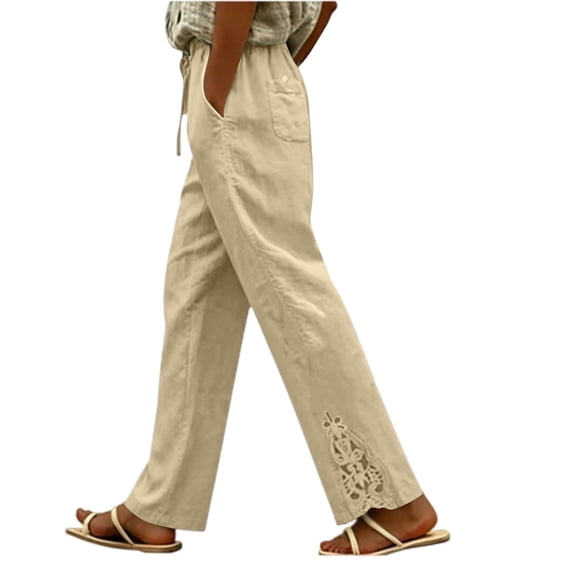 hoksml Women Drawstring Elastic Waist Straight Cotton Pants Eyelet Embroidery Cutout Ankle Loose Trousers for Daily Wear