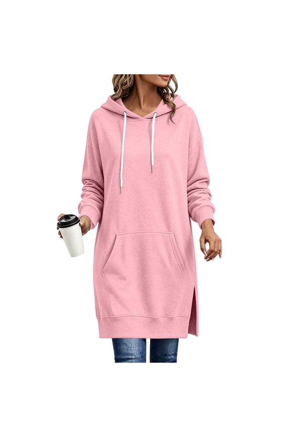 Women Drawstring Hood Longline Side Split Sweatshirt Tunic Kangaroo Pocket Loose Long Pullover for Daily Travel Lounge