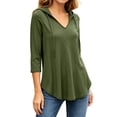 thumbnail image 1 of hoksml Women Drawstring Hood V Neck 3/4 Sleeve Tunic Top Curved Hem Loose Raglan Pullover for Casual Daily Lounge, 1 of 9