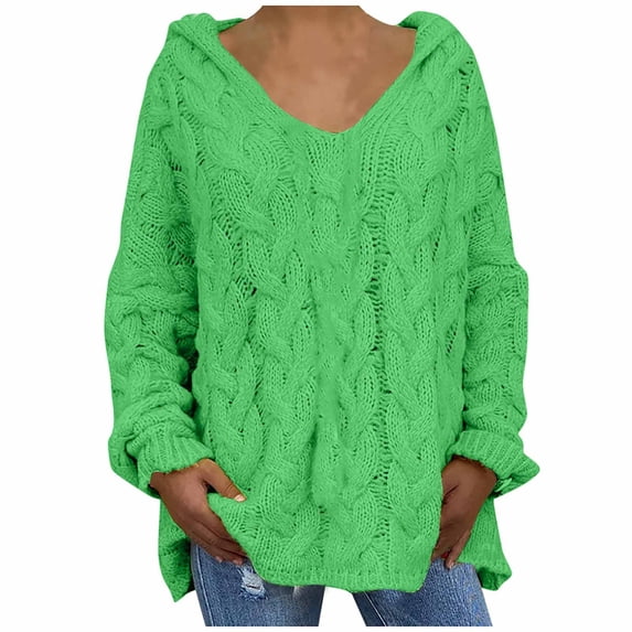 hoksml Women Fashion Casual Loose Large Size Solid Color Hood Long Sleeves Pullover Knit Sweater Tops Clearance