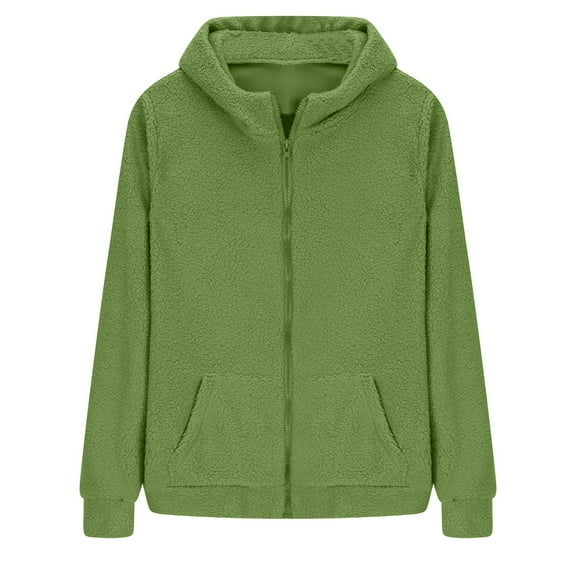 hoksml Women Faux Fur Fleece Coats Winter Warm Zippered Hooded Jacket Solid Color Coat Active Outwear with Pockets S-5XL
