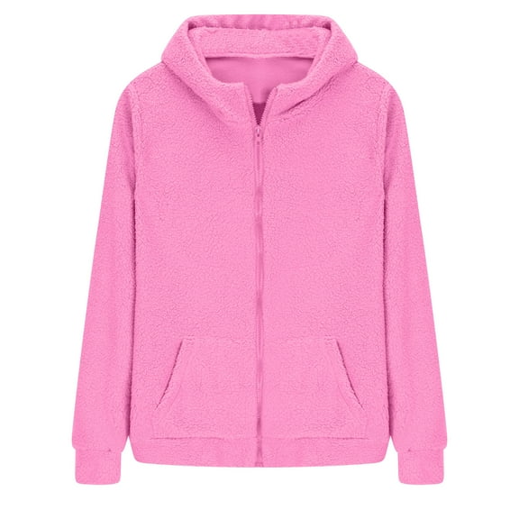 hoksml Women Faux Fur Fleece Coats Winter Warm Zippered Hooded Jacket Solid Color Coat Active Outwear with Pockets S-5XL