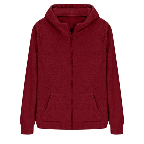 hoksml Women Faux Fur Fleece Coats Winter Warm Zippered Hooded Jacket Solid Color Coat Active Outwear with Pockets S-5XL