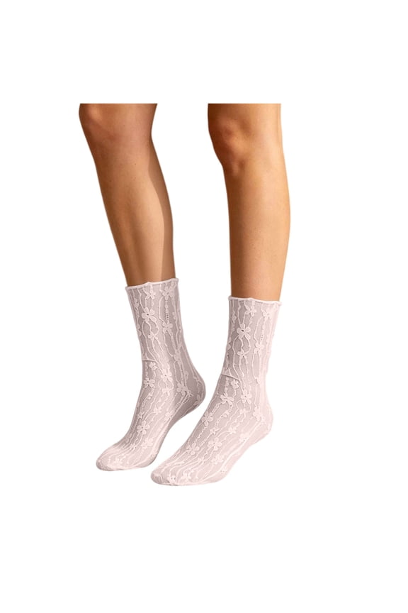 Women Floral Lace Mesh Crew Socks, Sheer See Through Mid Calf Socks, Ruffle Cuff Lightweight Breathable Casual Dress Socks with Multi Soft Colors