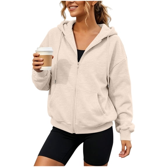 hoksml Women Full Zip Drawstring Hooded Jacket Oversized Drop Shoulder Hoodie with Kangaroo Pockets for Sports Street Casual