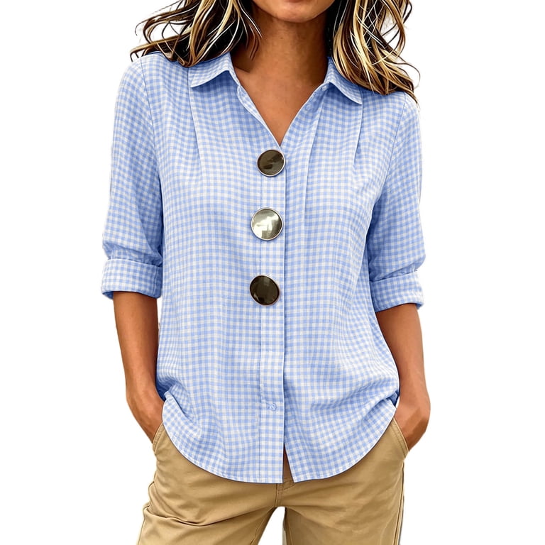 hoksml Women Gingham Collared Long Sleeve Shirt Cotton Linen Big