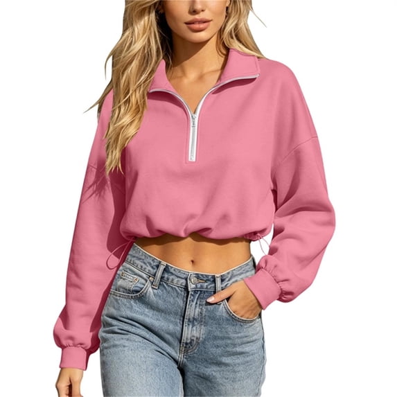 hoksml Women Half Zip Collar Drawstring Hem Cropped Sweatshirt Drop Shoulder Puff Long Sleeve Pullover for Street Casual Daily