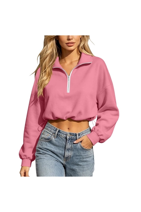 Women Half Zip Collar Drawstring Hem Cropped Sweatshirt Drop Shoulder Puff Long Sleeve Pullover for Street Casual Daily