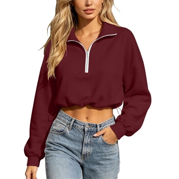 hoksml Women Half Zip Collar Drawstring Hem Cropped Sweatshirt Drop Shoulder Puff Long Sleeve Pullover for Street Casual Daily
