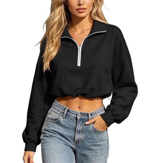 hoksml Women Half Zip Collar Drawstring Hem Cropped Sweatshirt Drop Shoulder Puff Long Sleeve Pullover for Street Casual Daily