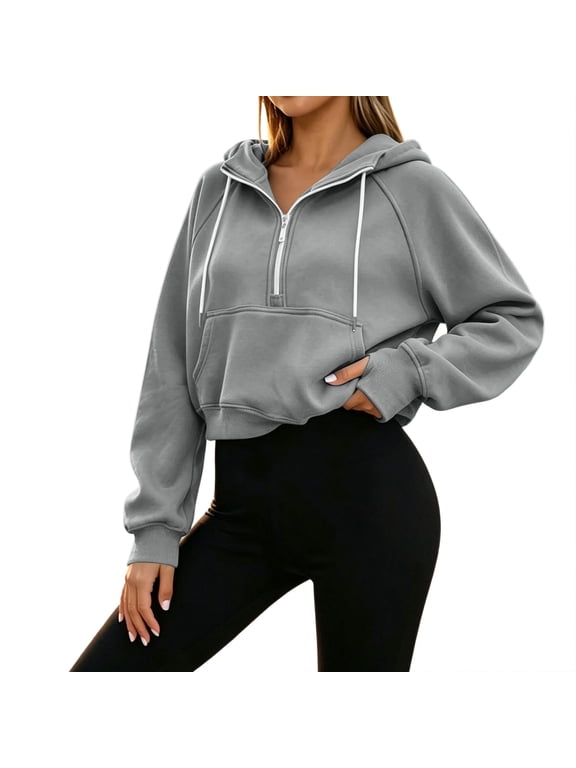 Women Half Zip Cropped Hoodie Solid Long Sleeve Pockets Pullover for Fall Winter Daily Casual Work Comfort