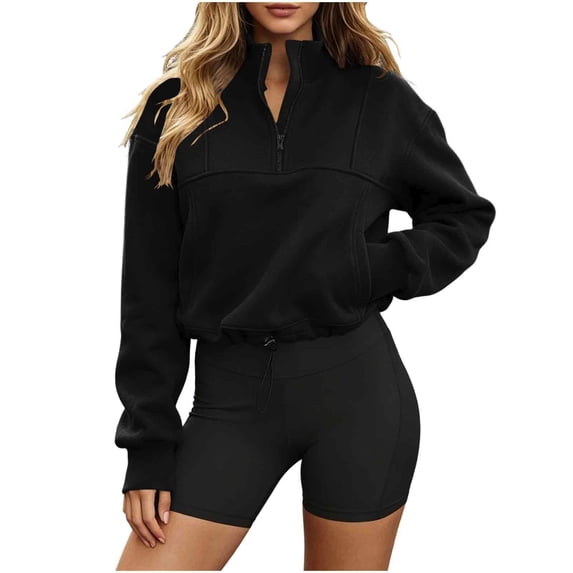 hoksml Women Half Zip Stand Collar Drawstring Hem Cropped Sweatshirt Drop Shoulder Pocket Long Sleeve Pullover for Sport Street Daily