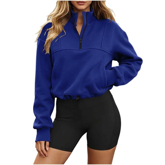 hoksml Women Half Zip Stand Collar Drawstring Hem Cropped Sweatshirt Drop Shoulder Pocket Long Sleeve Pullover for Sport Street Daily