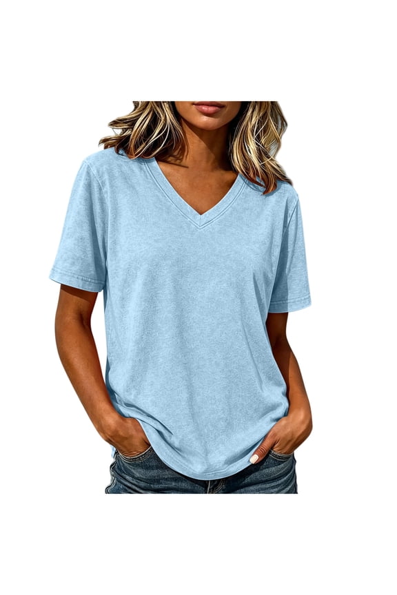 Women Heather V Neck Short Sleeve T Shirt Loose Curved Hem Basic Casual Tee for Summer Daily Beach