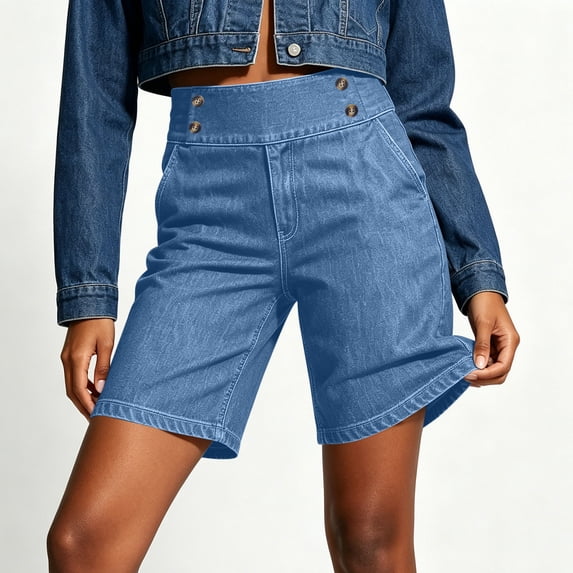 hoksml Women High Waist Denim Bermuda Shorts, Button Detail Straight Leg Casual Jean Shorts, 60% Cotton Blend