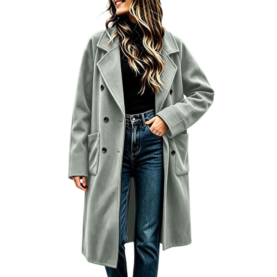 hoksml Women Long Wool Blend Coat Lapel Double Breasted Lined Pockets for Fall Winter Daily Office Work Comfort