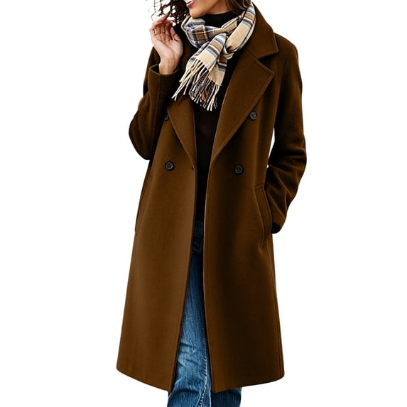 hoksml Women Long Wool Blend Coat Lapel Double Breasted Lined Pockets for Fall Winter Daily Office Work Comfort