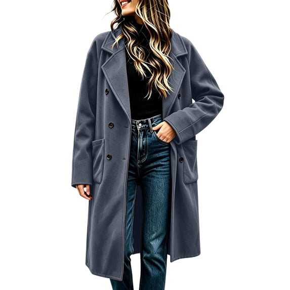 hoksml Women Long Wool Blend Coat Lapel Double Breasted Lined Pockets for Fall Winter Daily Office Work Comfort