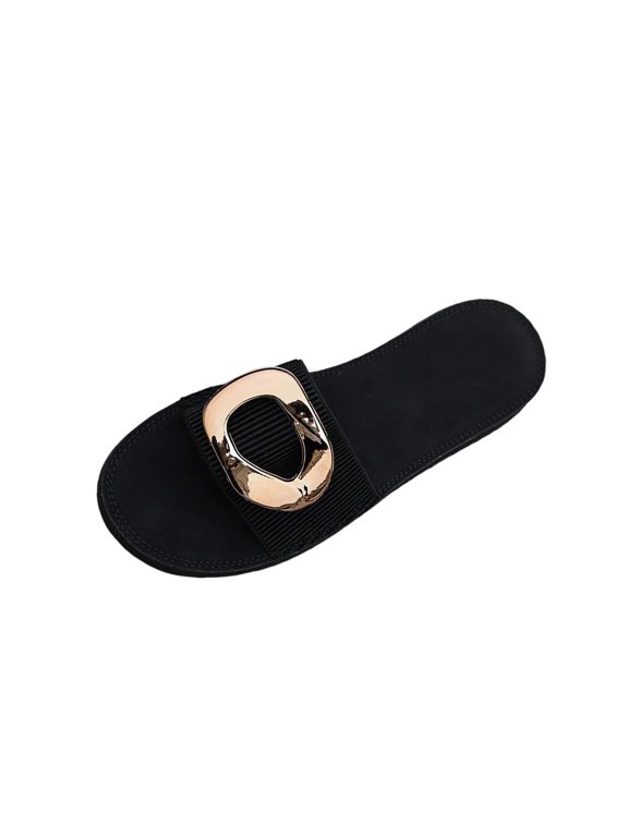 Women Metal Buckle Decor Single Strap Flat Slide Sandals Open Toe Slip On Summer Beach Casual Slippers