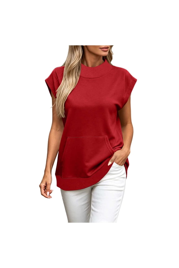 Women Mock Neck Cap Sleeve Kangaroo Pocket Top Loose Curved Hem Sleeveless Pullover for Summer Daily Lounge